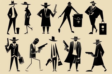 A collection of silhouettes of men wearing stylish suits and hats. Perfect for business and fashion concepts