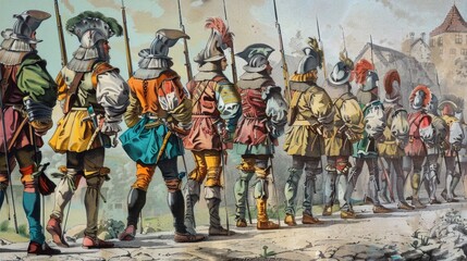 A group of men wearing armor. Ideal for historical illustrations