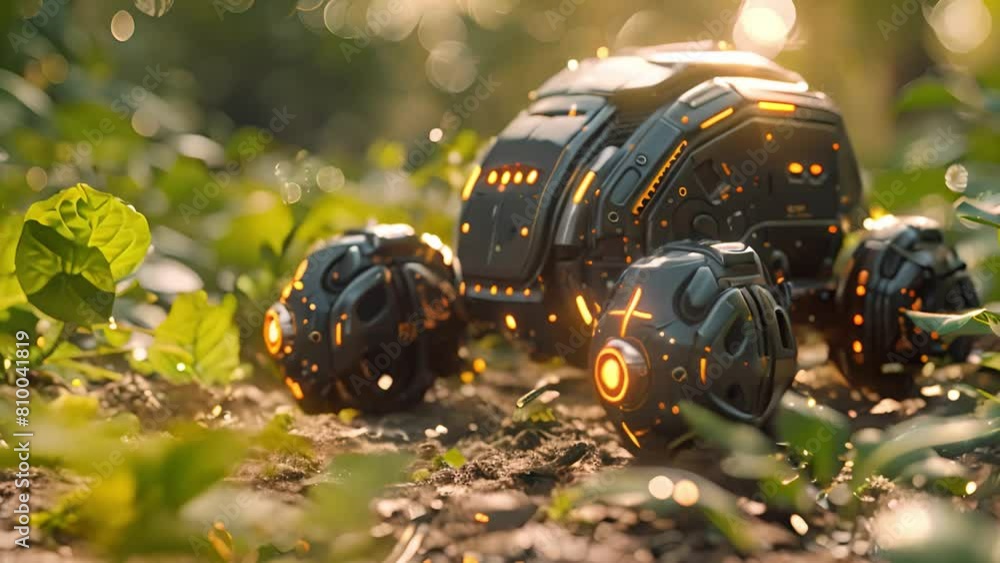 Aufkleber A high-tech robot amidst lush foliage glowing with illuminated circuits.