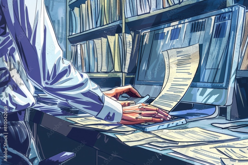 Poster A man sitting at a desk typing in a library. Suitable for educational or work-related concepts