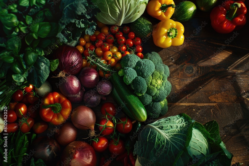 Poster assorted vegetables displayed on a table. ideal for cooking and healthy eating concepts