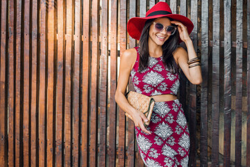 stylish beautiful woman in printed outfit, summer style fashion