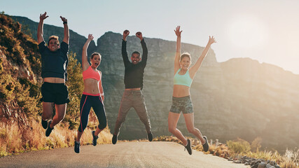 Outdoor, fitness and jump to celebrate, friends and nature of mountain, portrait and happiness for...