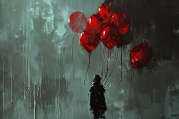 A painting of a person holding red balloons, suitable for celebrations and festive occasions - Powered by Adobe