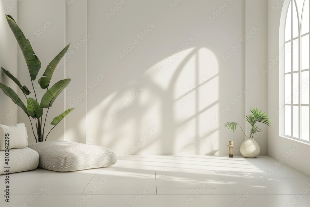 Poster a simple white room with a large window and a potted plant. suitable for interior design concepts