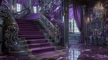 Opulent entrance hall with a rich violet marble staircase heavy purple drapes and ornate silver...