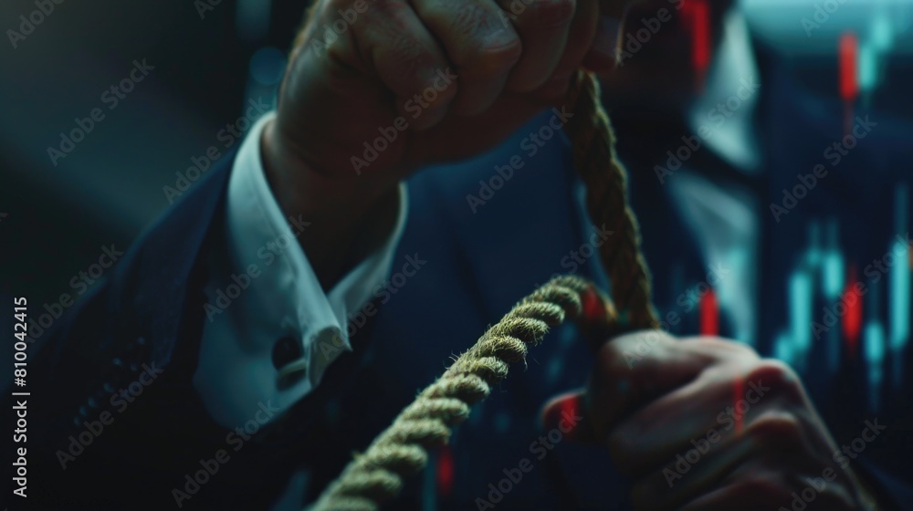 Poster A close up image of a person holding a rope. Can be used for concepts related to strength, determination, or teamwork