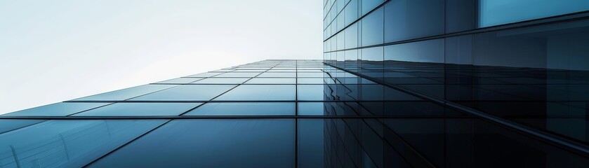 minimalist urban architecture detail featuring a tall glass building against a clear blue sky