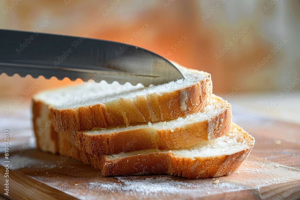 Poster a close up of a slice of bread on a cutting board with a knife. ideal for food-related projects