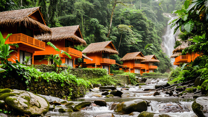 Obraz premium Tropical eco resort with cozy bungalows nestled among lush greenery and a breathtaking waterfall in the background.