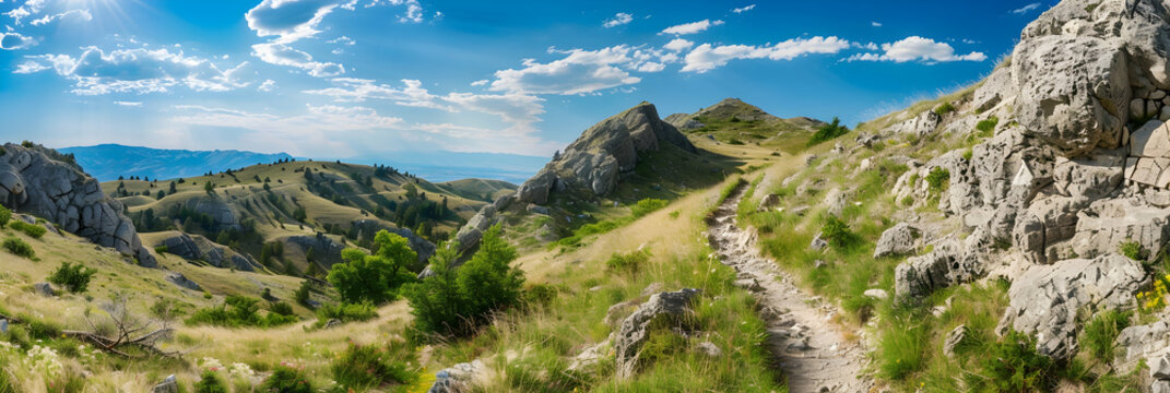 A rugged upland terrain with a narrow path winding through steep slopes, under a bright, expansive blue sky - Powered by Adobe