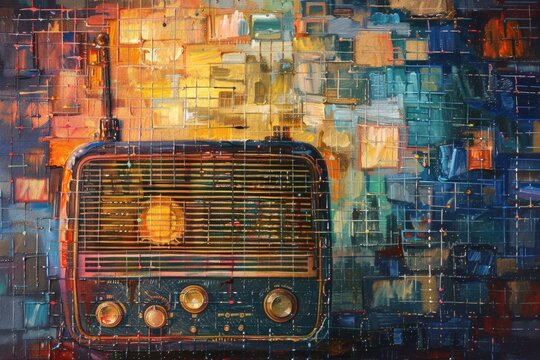 A painting of a radio on a brick wall. Suitable for music or urban themes