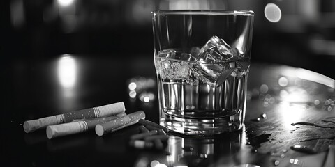 Glass of water and cigarettes on table. Suitable for lifestyle and addiction concepts