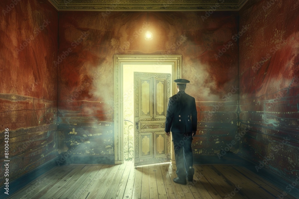 Poster A man standing in a room with an open door. Suitable for various concepts and designs