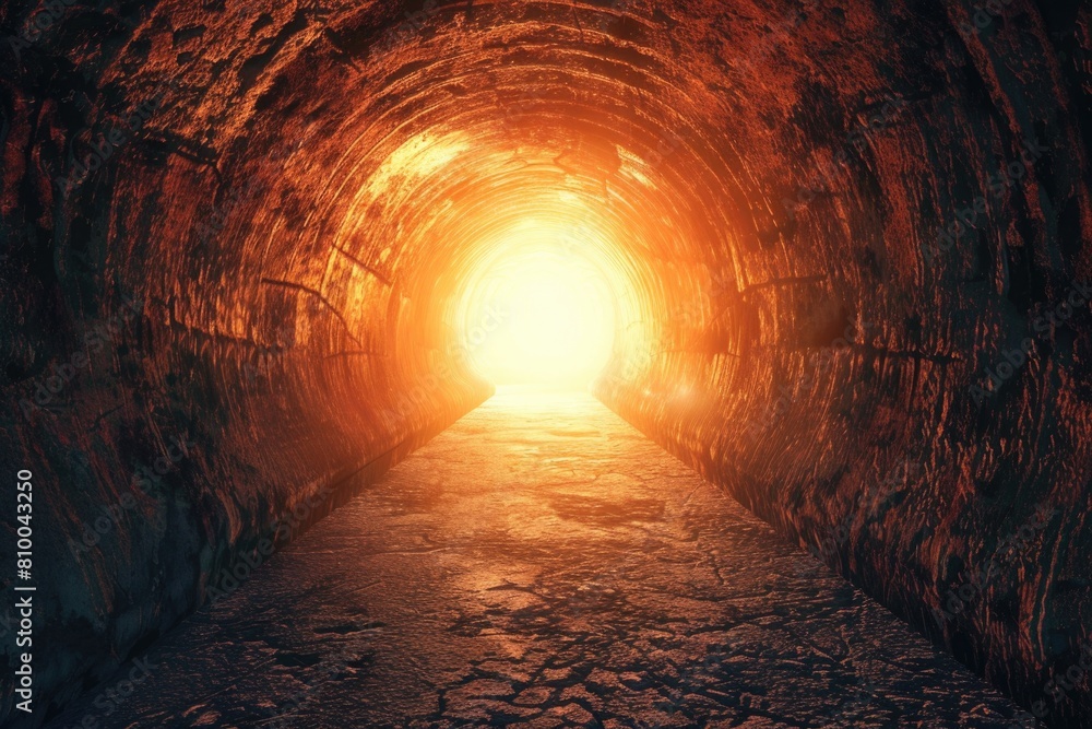 Poster a bright light shining at the end of a dark tunnel. suitable for illustrating hope and overcoming ch