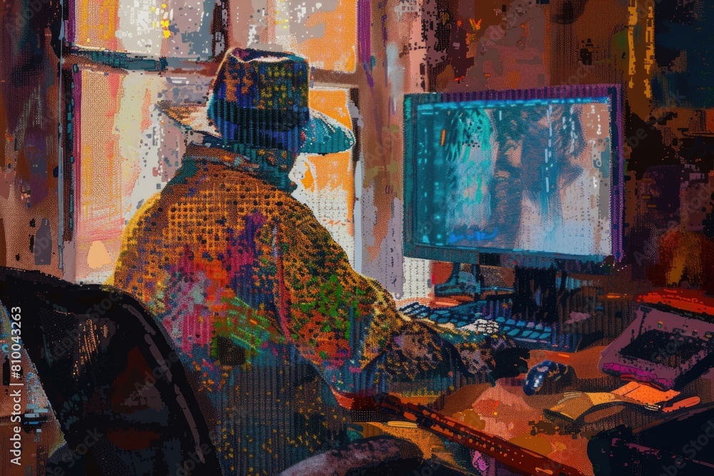Poster a man sitting at a desk in front of a computer. suitable for business and technology concepts