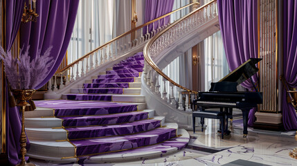 Regal entrance hall with a violet and white veined marble staircase elegant purple curtains and a...