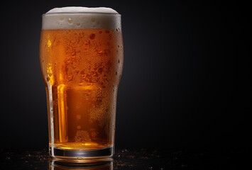 A glass of cold beer with a iced side and droplets of water, isolated on a dark background