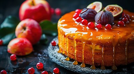   A cake with fruit adjacent