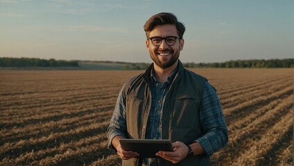 Happy engineer with laptop standing on field