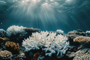 Coral Bleaching, Colorless coral reefs underwater, Impact of ocean warming, Marine biodiversity at...