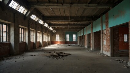 Large, empty, abandoned factory space. Dusty floor, brick walls, and high ceilings.