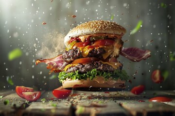 A large hamburger with lettuce and tomato on top of a wooden table