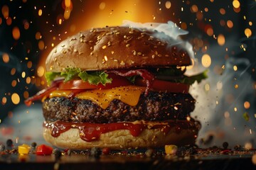 A burger with a lot of toppings and a lot of ketchup