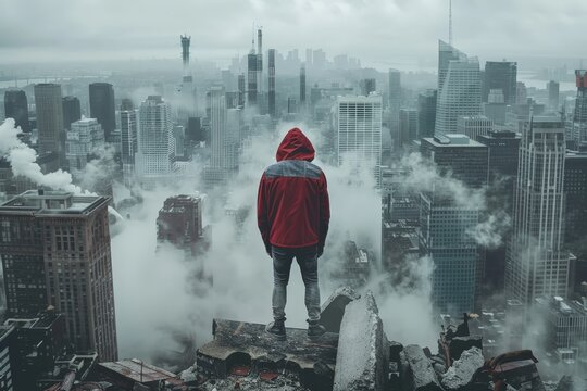 A man in a red jacket stands on a ledge in a city with a foggy atmosphere