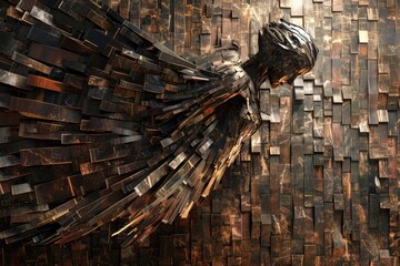 A unique sculpture of a bird made entirely of wooden blocks. Perfect for nature-themed designs