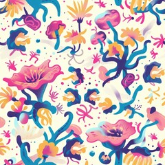 Colorful flowers and plants arranged in a pattern on a white background. Suitable for various design projects