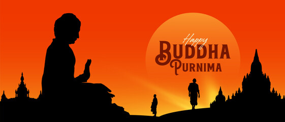 Naklejka premium Happy Buddha Purnima calligraphy, Lettering with Buddha meditating silhouette vector illustration for social media banner design