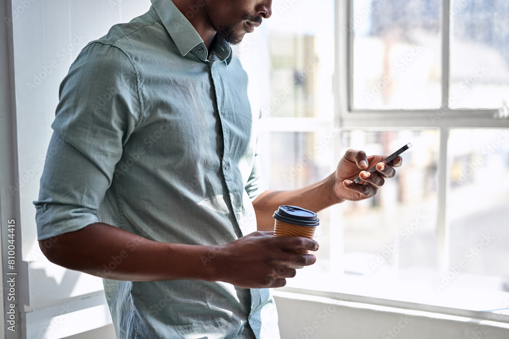 Poster office, hands and man with phone, coffee and scroll on social media, work email or online chat. netw