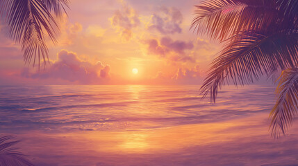 Tropical Sunset View Through Palm Leaves, Dreamy Ocean Landscape