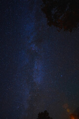 Night sky full of stars, Milky Way galaxy visible, transitioning from deep blue to black....