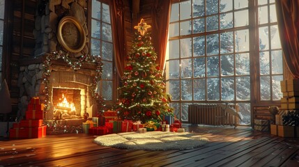 Obraz premium Christmas tree fireplace interior holiday