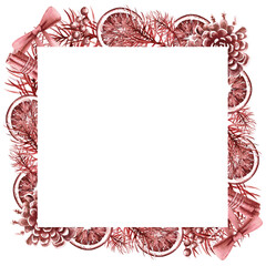 Obraz premium Square frame of pine branches, oranges, pine cones for Christmas watercolor illustration in vintage style on white background. Hand drawn illustration for Christmas cards, wreaths.