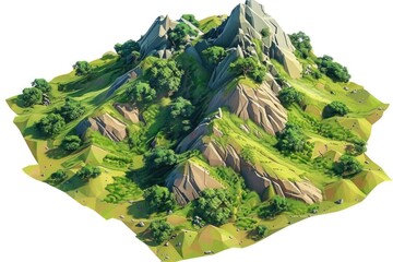 A realistic 3D model of a mountain with trees. Perfect for educational presentations