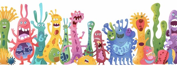 Colorful cartoon monsters panoramic banner