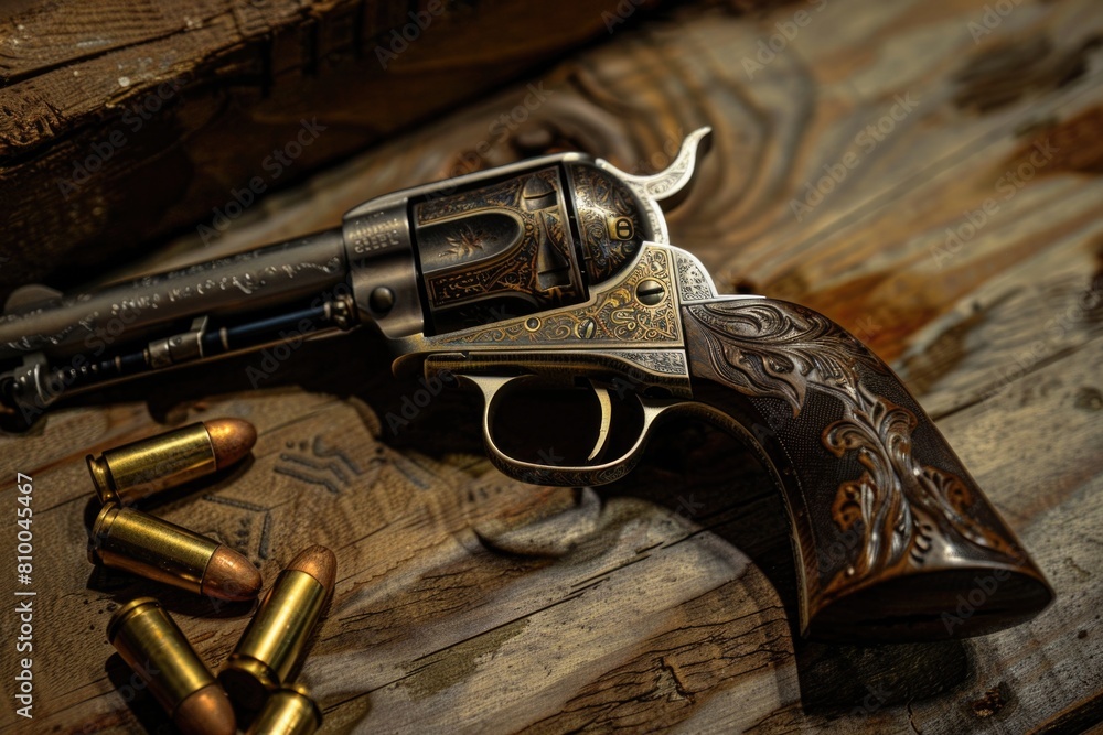 Poster A revolver with a single bullet placed on a wooden table. Suitable for crime and weapon-related concepts