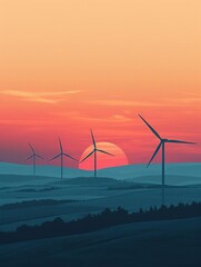 Simplistic wind turbines silhouette on a pastel sunset background, minimalistic style