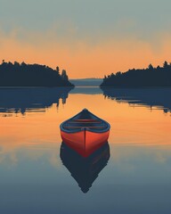 Simplistic flat design of a canoe on a calm lake with reflective water in twilight hues