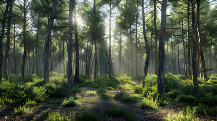 Obraz premium A serene early morning in a dense coniferous forest, the sunlight filtering through tall pine trees, casting long shadows on a carpet of pine needles