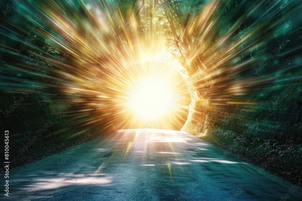 Poster sun shining through trees on the side of the road, suitable for nature and travel themes
