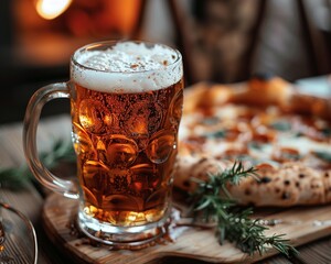 Beer glass and pizza on a rustic table, focus on beer foam, evening lighting , the best lens quality