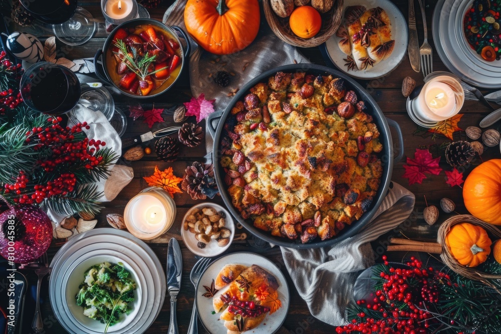 Poster a table set with plates of food and candles, suitable for dining concept