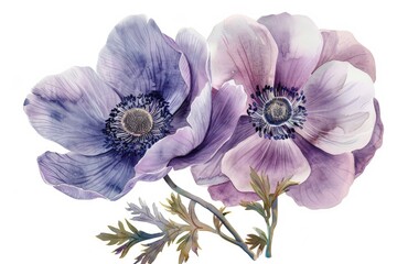 A painting of two purple flowers on a white background. Suitable for floral designs