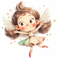 Fototapeta premium Enchanting Cartoon Fairy Girl with Sparkling Stars and Wings