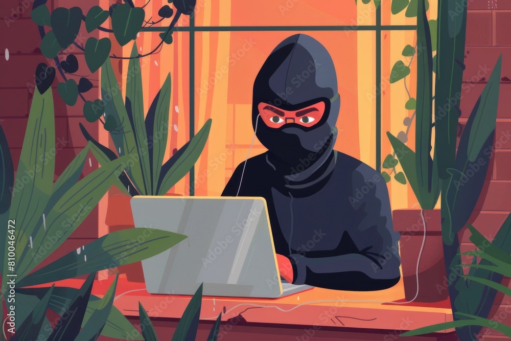 Poster person in black mask using laptop, suitable for cybersecurity concepts