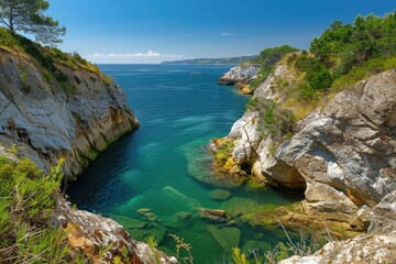 Fototapeta premium A serene body of water surrounded by rocks and trees. Ideal for nature-themed designs